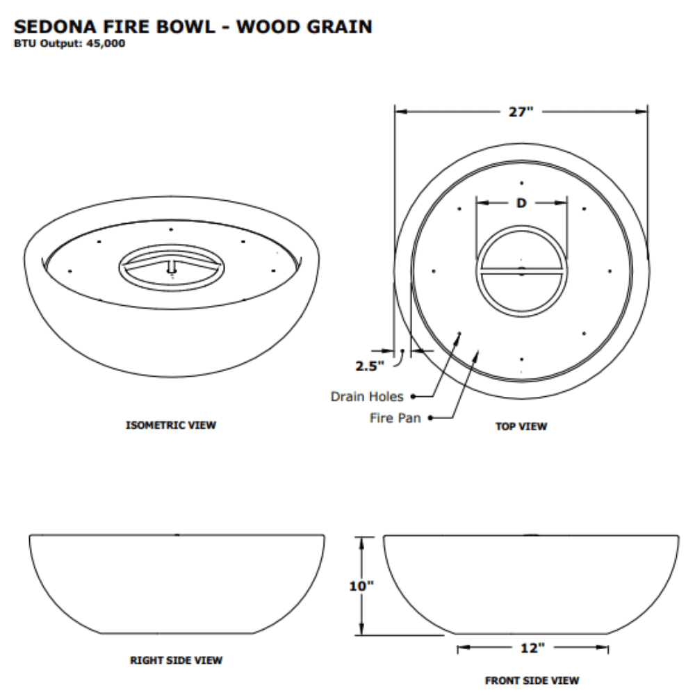 27" Sedona Wood Grain Outdoor Fire Bowl Specs