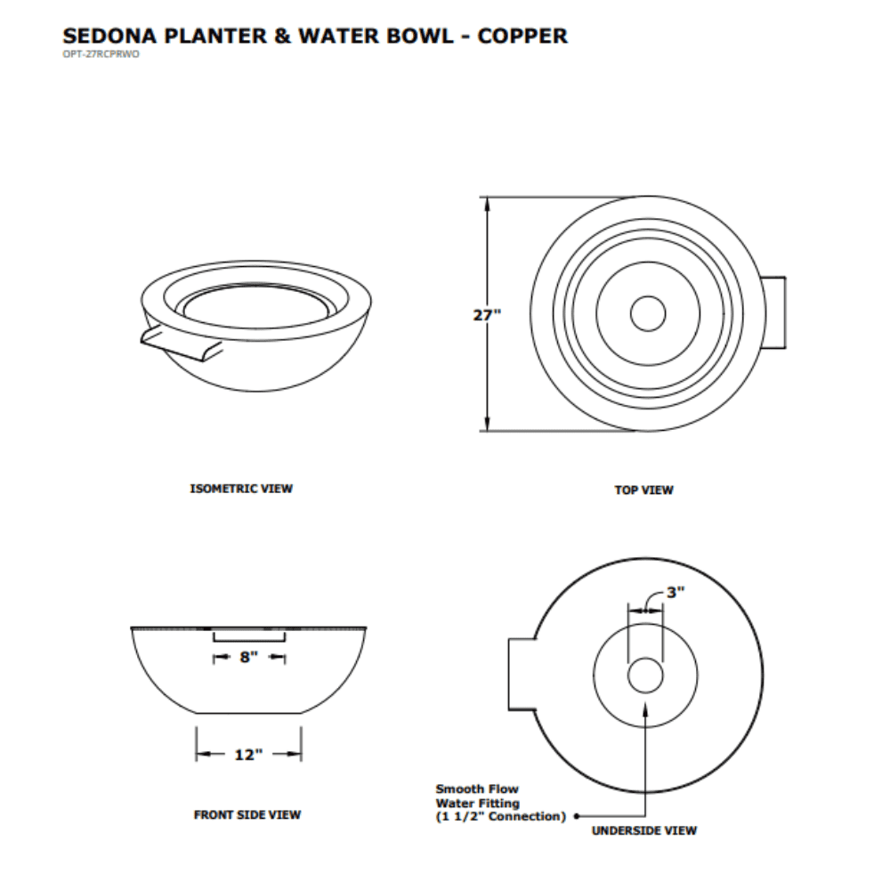 27" Sedona Hammered Copper Planter & Water Bowl Specs