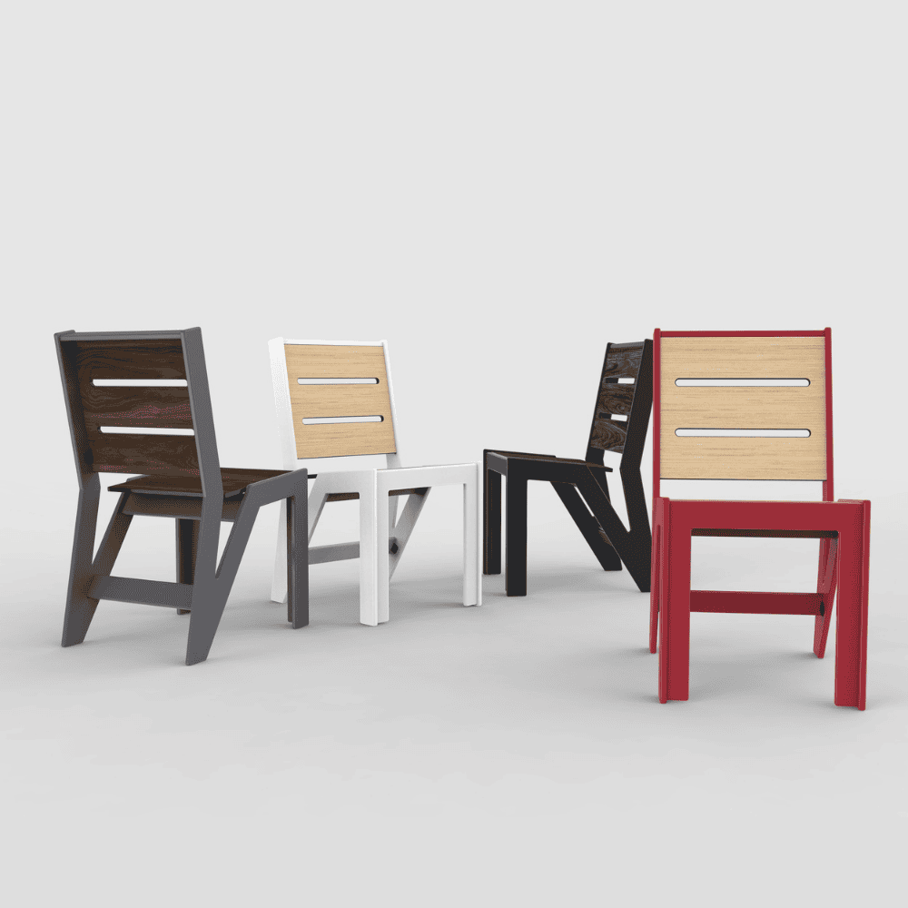 Four outdoor dining chairs in gray, white, black, and red colors with wood grain seat and back rest