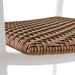 White aluminum stackable outdoor dining armchair with padded wicker close up view