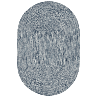 Oval shaped denim blue machine woven outdoor rug 