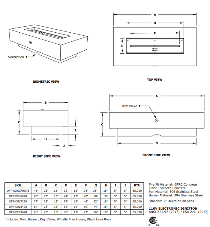 Del Mar GFRC Conrete Fire Pit Table Specs