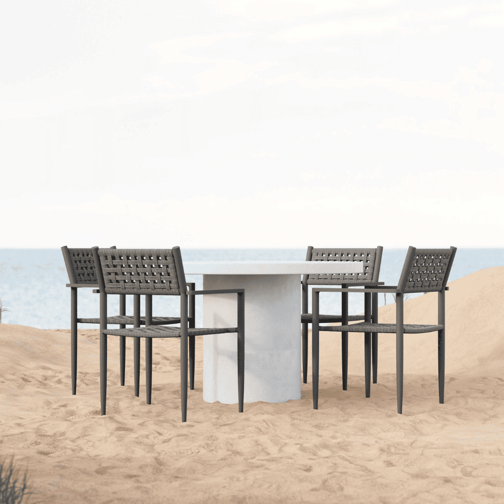 Boxhill's Big Sur Round Outdoor Dining Table lifestyle with Naples Dining Chairs