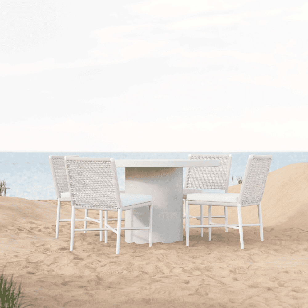 Boxhill's Big Sur Round Outdoor Dining Table lifestyle with Corsica dining Chairs Armless