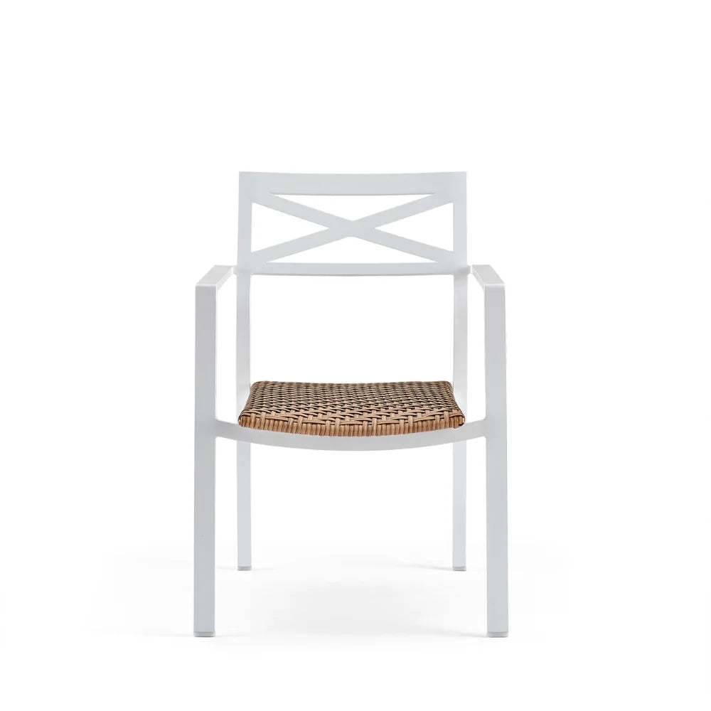 White aluminum stackable outdoor dining armchair with padded wicker