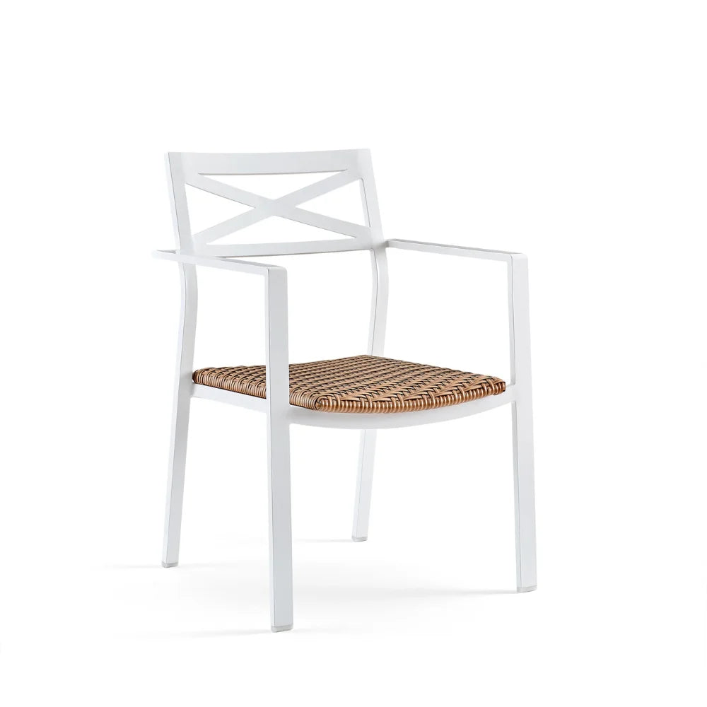 White aluminum stackable outdoor dining armchair with padded wicker 
