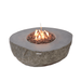 A large concrete fire table featuring a stone fire pit, with vibrant flames dancing above its surface.