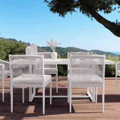Boxhill's Catalina Outdoor Dining Side Chair Sand lifestyle with Pavia Dining Table Sand
