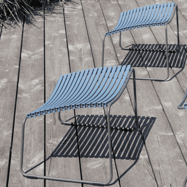 2 blue outdoor footrests with gray metal frame placed on a wooden deck