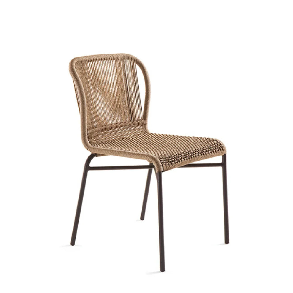 Light brown wicker outdoor chair with dark brown aluminum frame