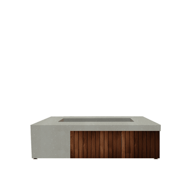 Grey outdoor concrete rectangular fire pit table with a lower wooden slat design