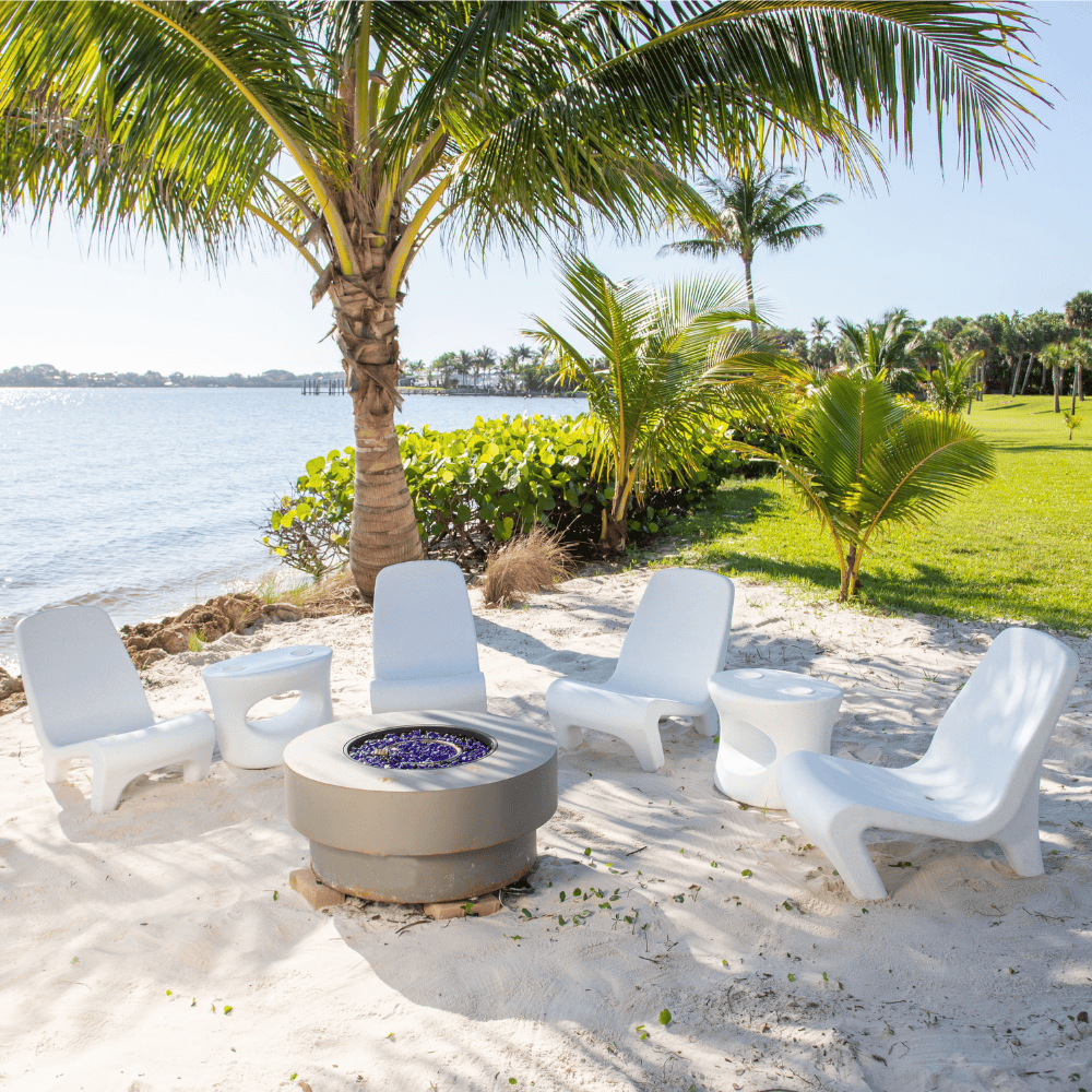 Four white in-pool chairs that is made with polyethylene plastic