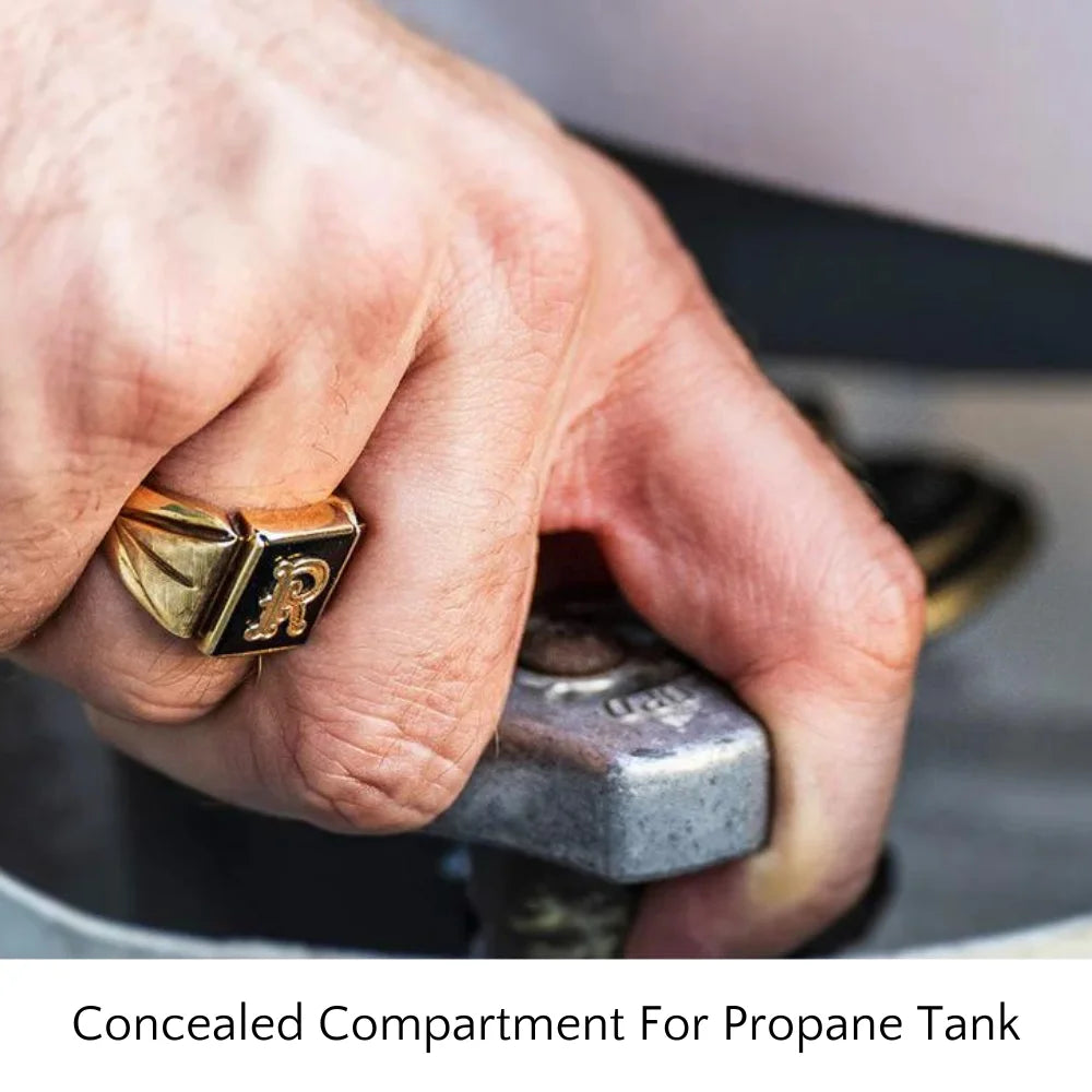 A person's Hand with a ring, turning a metal lever of a propane tank