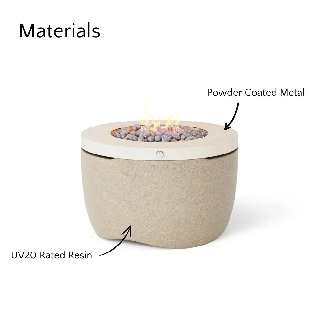 Light brown round hidden propane tank fire pit showing some info about materials that are made of