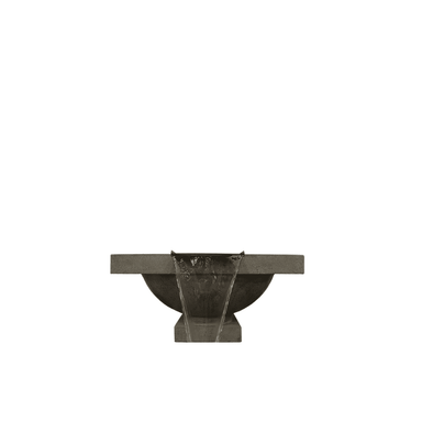 Dark grey outdoor concrete fire water bowl with flowing water over the front edge
