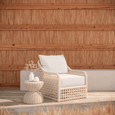 Boxhill's Kiawah Outdoor High Back Club Chair lifestyle image with Cabo Side Table Almond