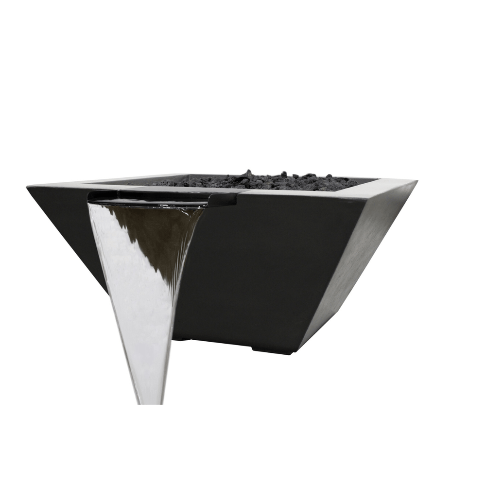 Black tapered shaped square concrete fire water bowl with flowing water over the front edge
