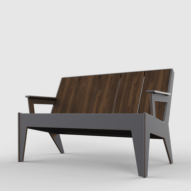 Gray outdoor bench with dark brown wood grain seat and backrest
