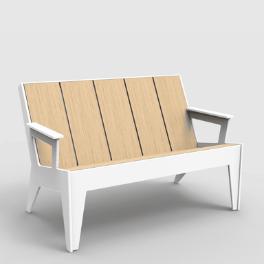 White outdoor bench with light brown wood grain seat and backrest