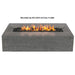 A gray outdoor concrete rectangular fire pit with flames over lava rocks