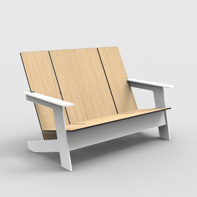 White outdoor lounge bench with light brown wood grain seat and backrest