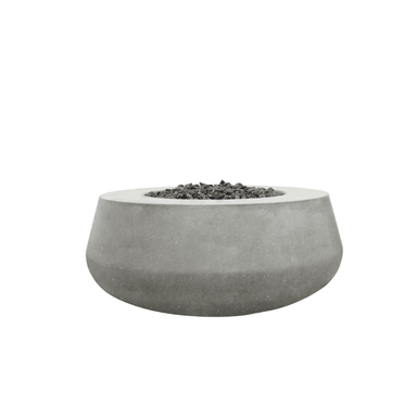 Grey round outdoor concrete fire bow with lava rocks