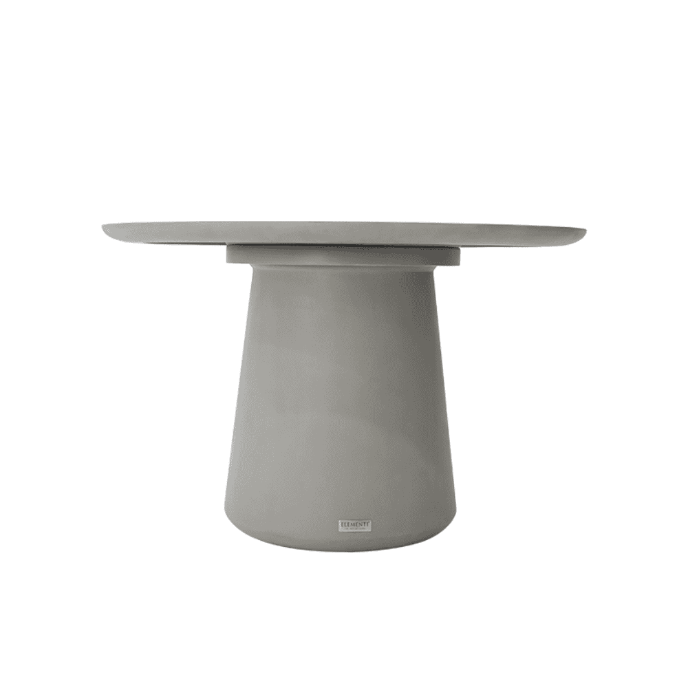 A round concrete outdoor dining table featuring a sturdy circular base, ideal for al fresco gatherings and meals.