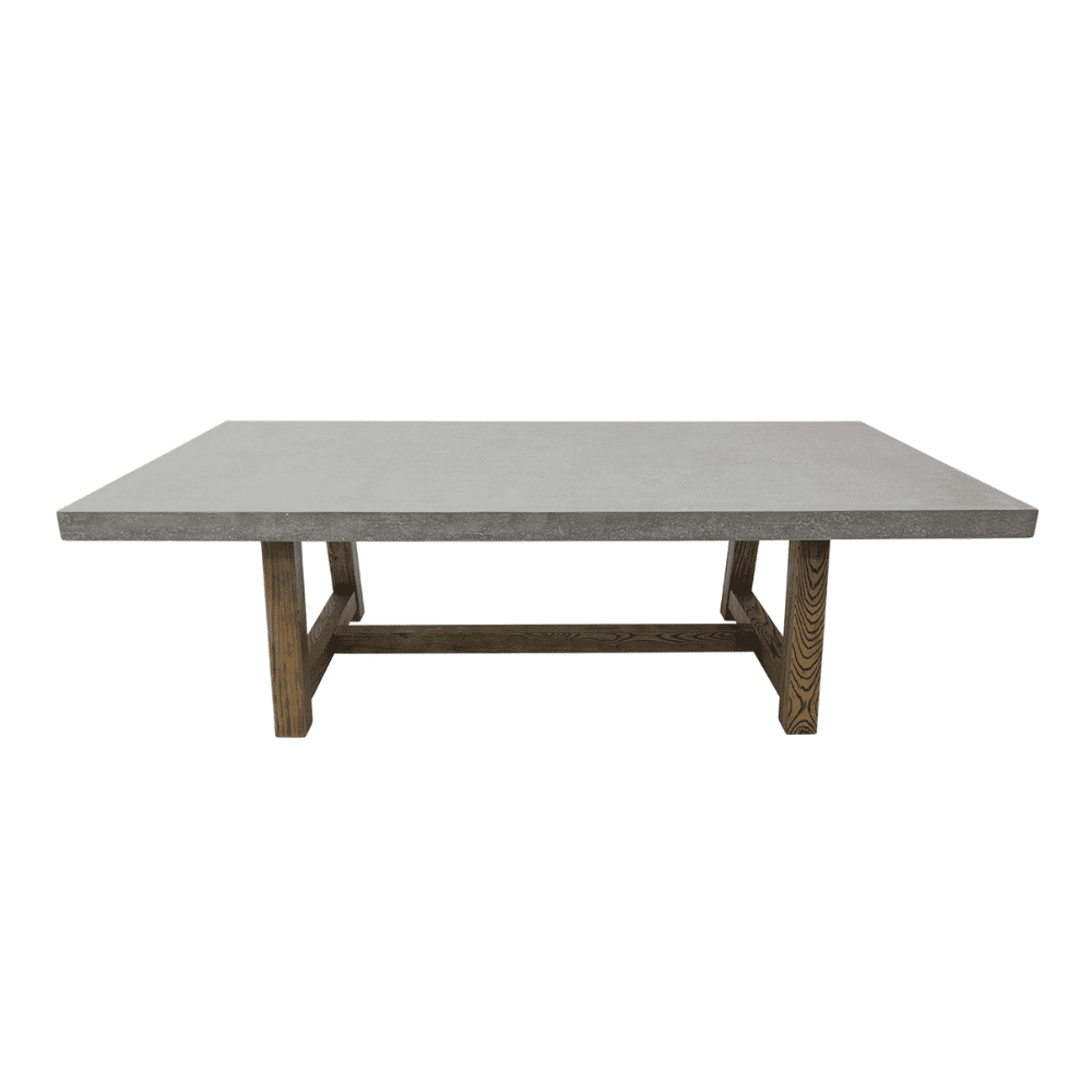 A concrete outdoor dining table featuring a sturdy wooden base, combining modern materials for a stylish look.