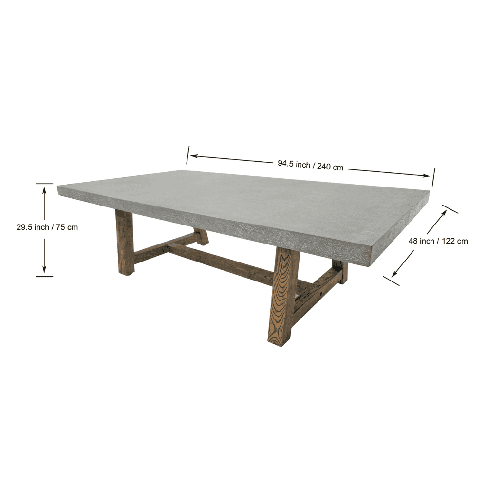 A concrete outdoor dining table featuring a sturdy wooden base, combining modern materials for a stylish look.