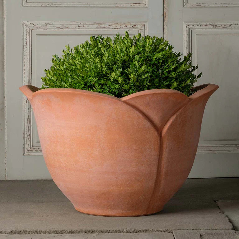 A large Italian Terra Cotta outdoor planter for patio with a tulip-like design holding a green plant placed against paneled wall