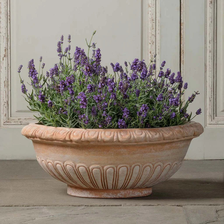 An Italian Terra Cotta outdoor planter for patio with a decorative pattern rest on a stone floor, containing a lush lavender plants