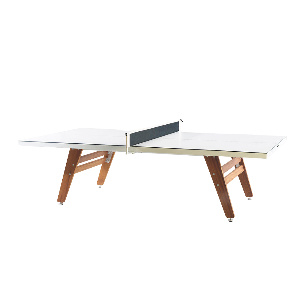 White stationary outdoor ping pong table with wooden feet