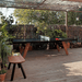 A stationary black outdoor ping pong table with wooden legs set on wooden deck outdoor patio surrounded by plants